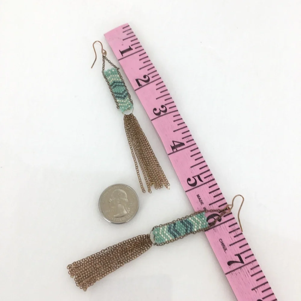 Boho Copper Green White Seed Bead Long Tassel Statement Dangle Earrings Tribal - Picture 8 of 8